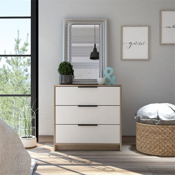 Gfancy Fixtures 28 in. Manufactured Wood Three Drawer Standard Dresser, Light Oak & White GF3671877 - main
